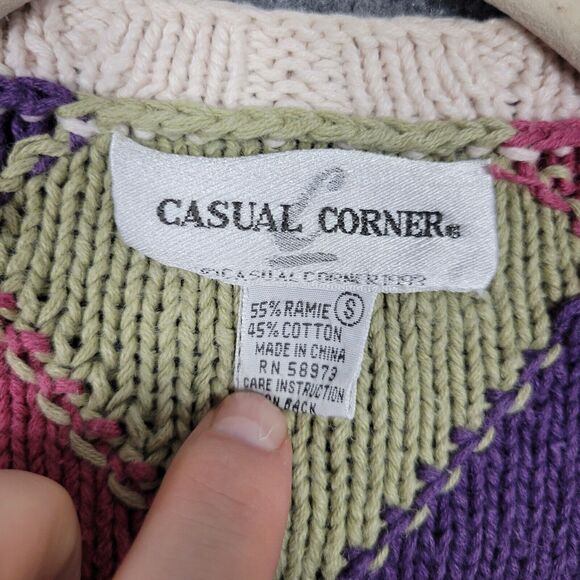 CASUAL CORNER Rainbow Argyle 3D Cable Knit Cardigan Cottagecore SIZE SMALL - Picture 5 of 10